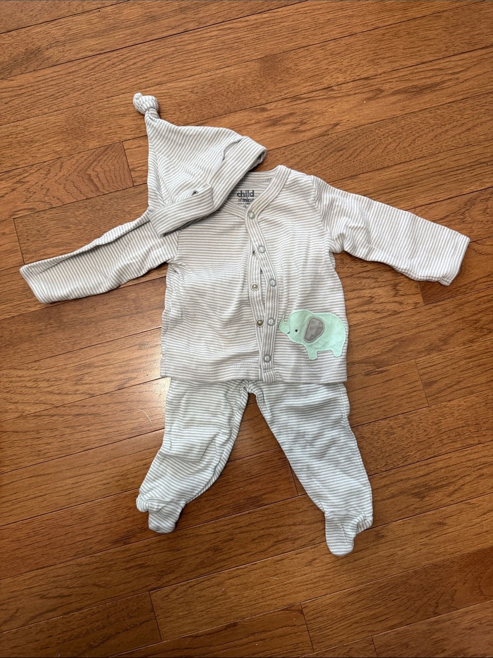 child of mine Gray Stripe Two-Piece Set with Mint Elephant